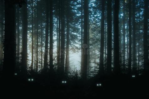 uma-assustador-floresta-dos-pinheiros-parte-traseira-da-fantasia-leve-com-os-olhos-assustadores-incandescendo-das-criaturas-no-152029094